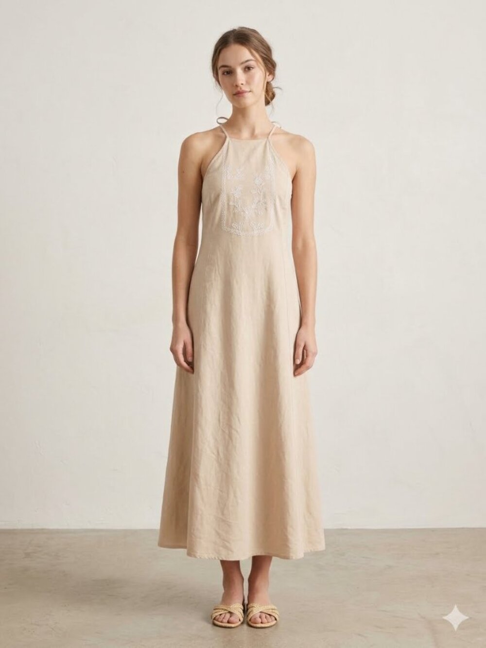Zara floral embroidered linen blend midi dress, size XS